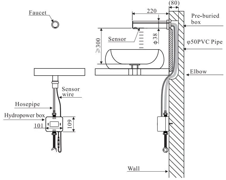Bản vẽ kỹ thuật vòi chậu rửa tự động âm tường Karat EF-08-019-50
