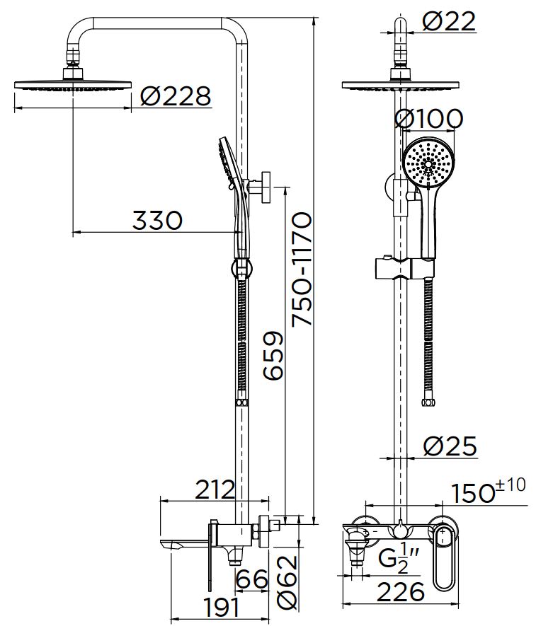 Bản vẽ kỹ thuật sen Tắm Cây Đứng KARAT ERS-001-613-55