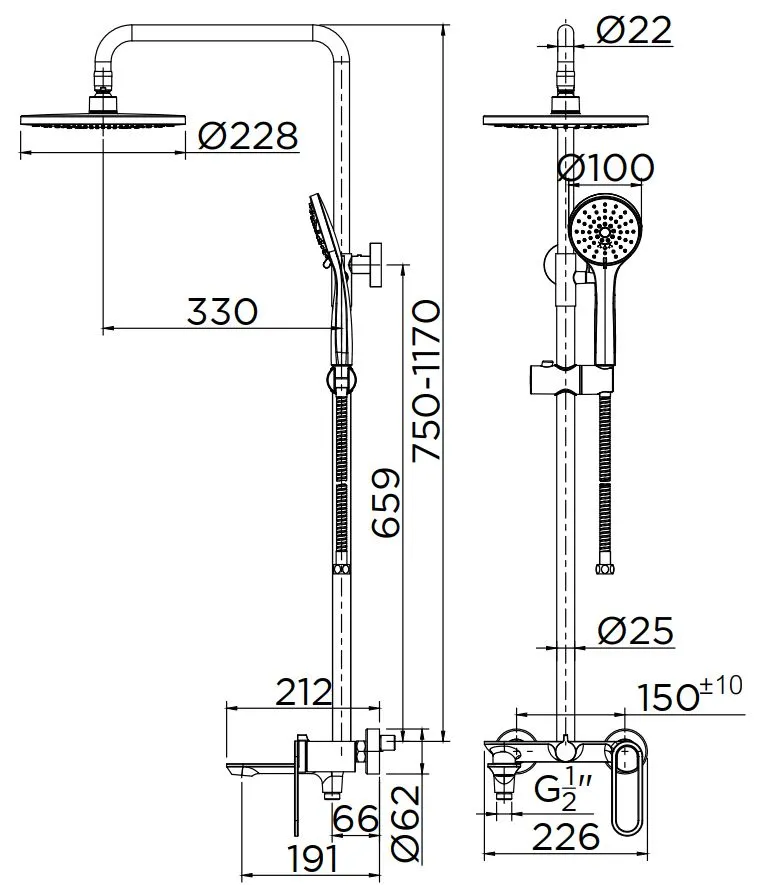 Bản vẽ kỹ thuật sen Tắm Cây Đứng KARAT ERS-001-613-55
