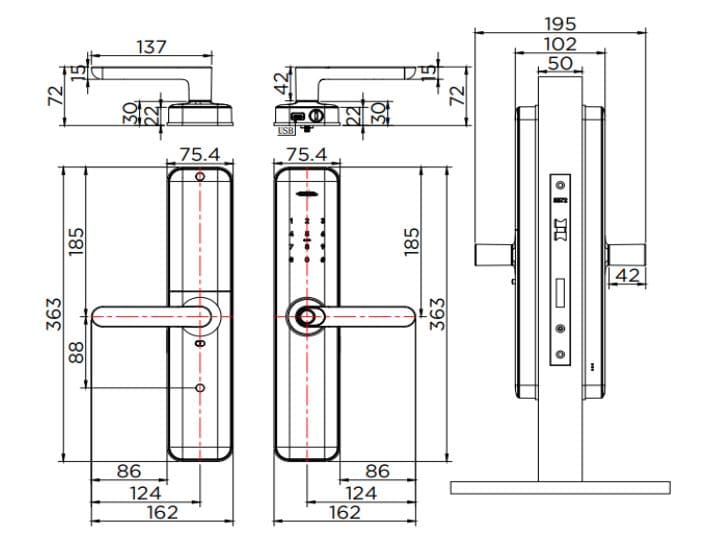 Bản vẽ kỹ thuật khóa cửa điện tử với hệ thống TUYA Karat EAE-09-412-55