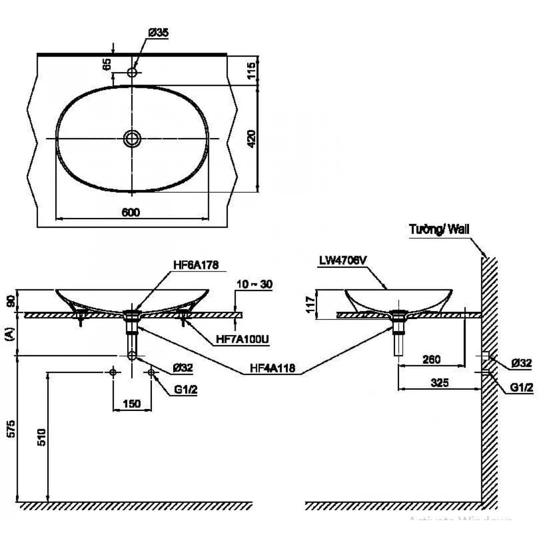 Bản vẽ kỹ thuật chậu rửa lavabo đặt bàn màu đen TOTO LT4704G19#MBL