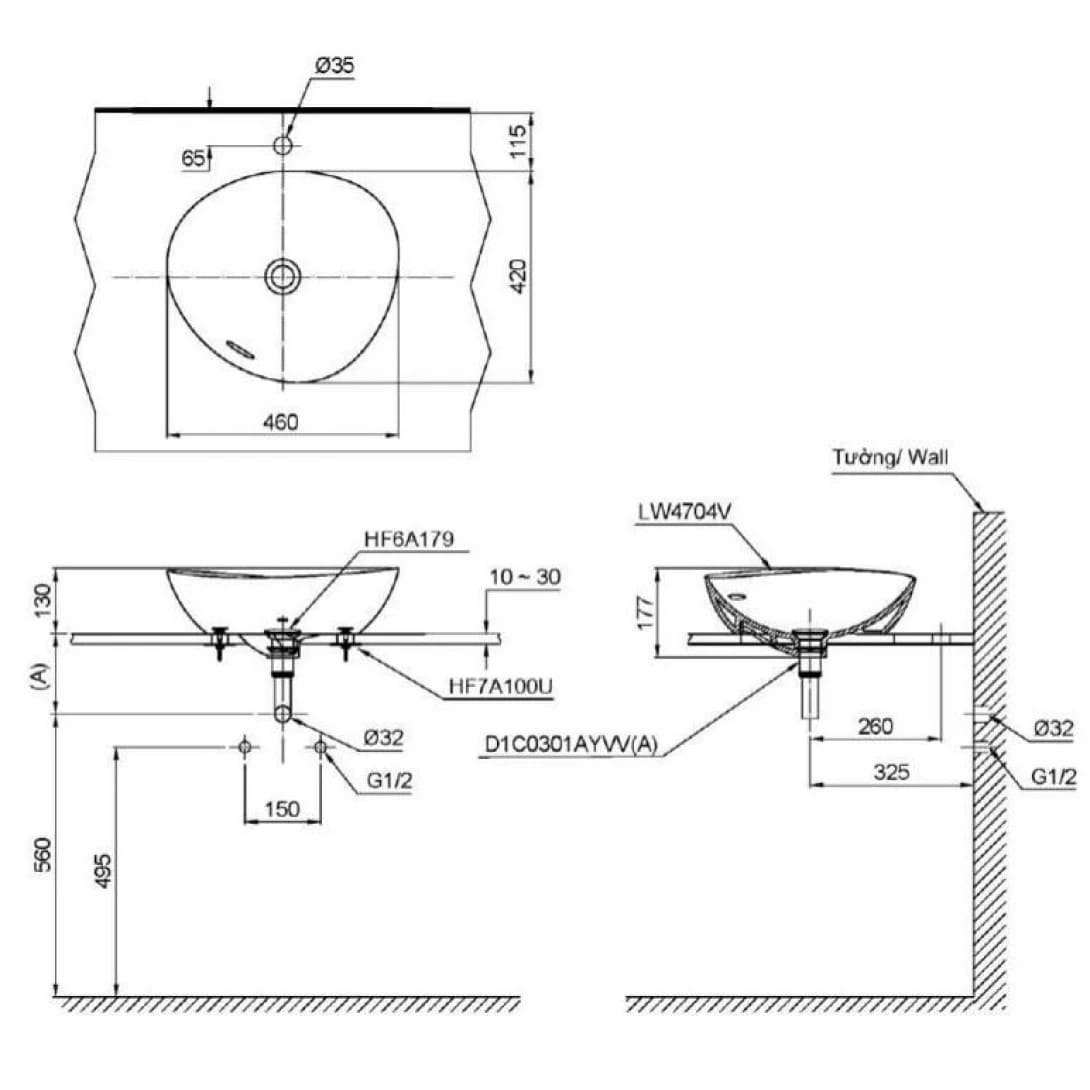 Bản vẽ kỹ thuật chậu Rửa Lavabo đặt bàn màu đen TOTO LT4704G17#MBL