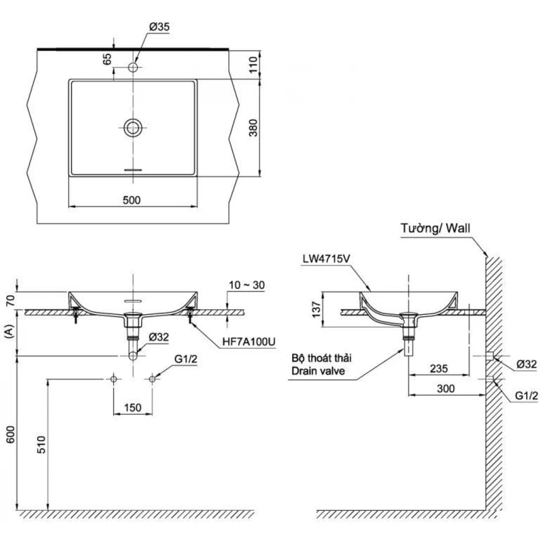 Bản vẽ kỹ thuật chậu rửa lavabo đặt bàn màu đen TOTO LT4715G17#MBL