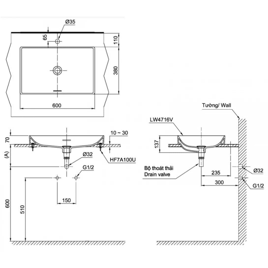 Bản vẽ kỹ thuật chậu rửa lavabo đặt bàn màu đen TOTO LT4716G17#MBL