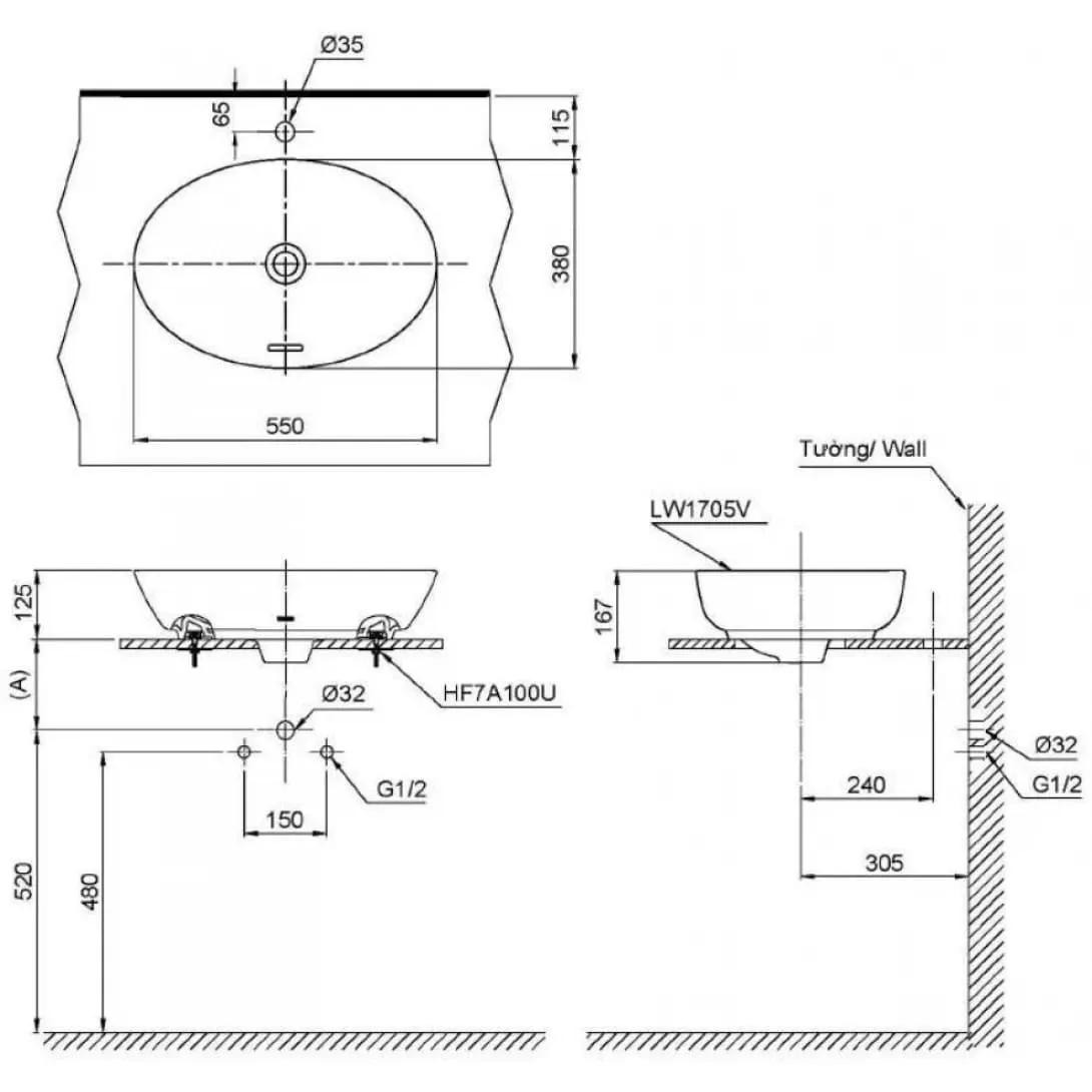 Bản vẽ kỹ thuật chậu rửa lavabo đặt bàn màu đen TOTO LT1705