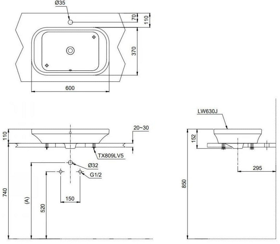 Bản vẽ kỹ thuật chậu Rửa Lavabo đặt bàn màu xanh tro TOTO LW630JDW/F#ASB