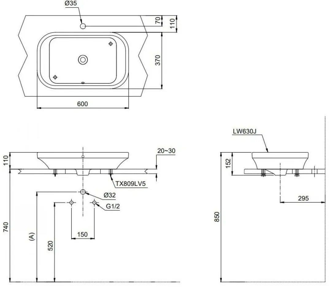 Bản vẽ kỹ thuật chậu rửa lavabo đặt bàn màu cam TOTO LW630JDW/F#MDR