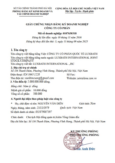Giấy chứng nhận đăng ký kinh doanh Luxbath