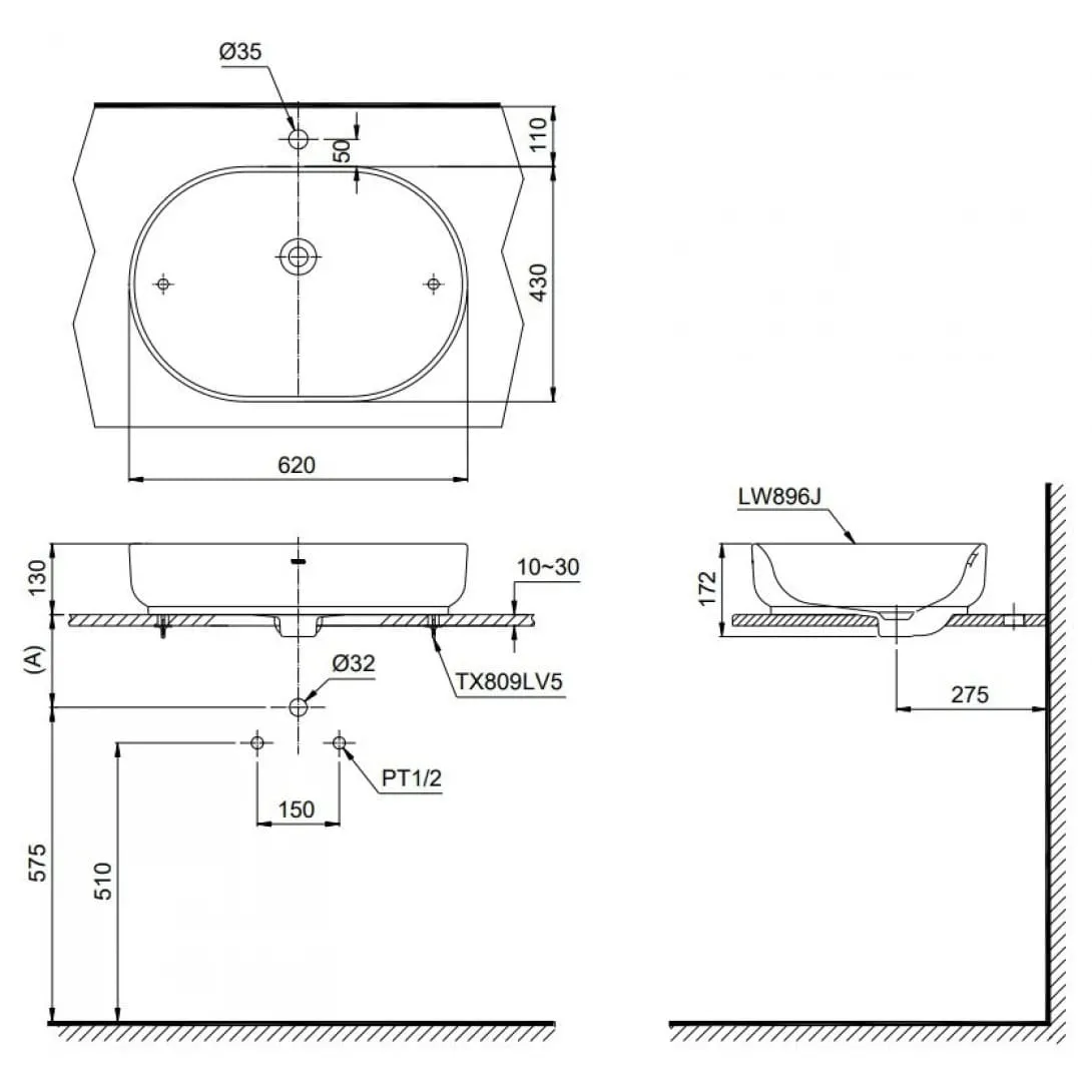 Bản vẽ kỹ thuật chậu rửa Lavabo đặt bàn màu xanh TOTO LW896JW/F#FRG