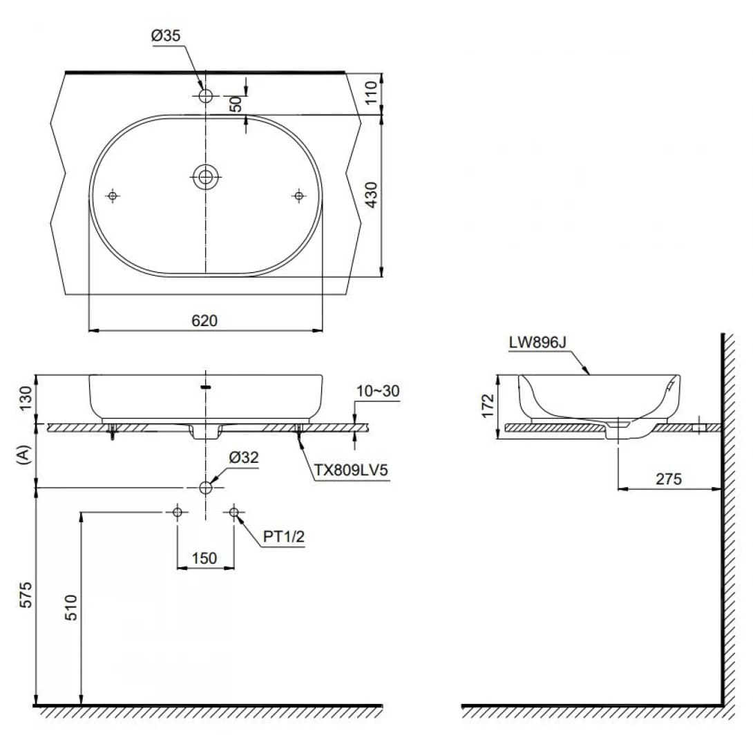 Bản vẽ kỹ thuật chậu rửa lavabo đặt bàn màu cam TOTO LW896JW/F#MDR
