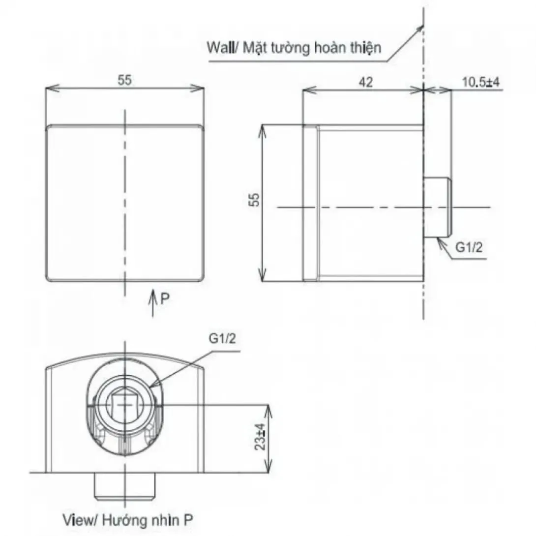 Bản vẽ kỹ thuật Cút Nối Tường Màu Vàng Pháp Mờ TOTO TBW08009A#BFG