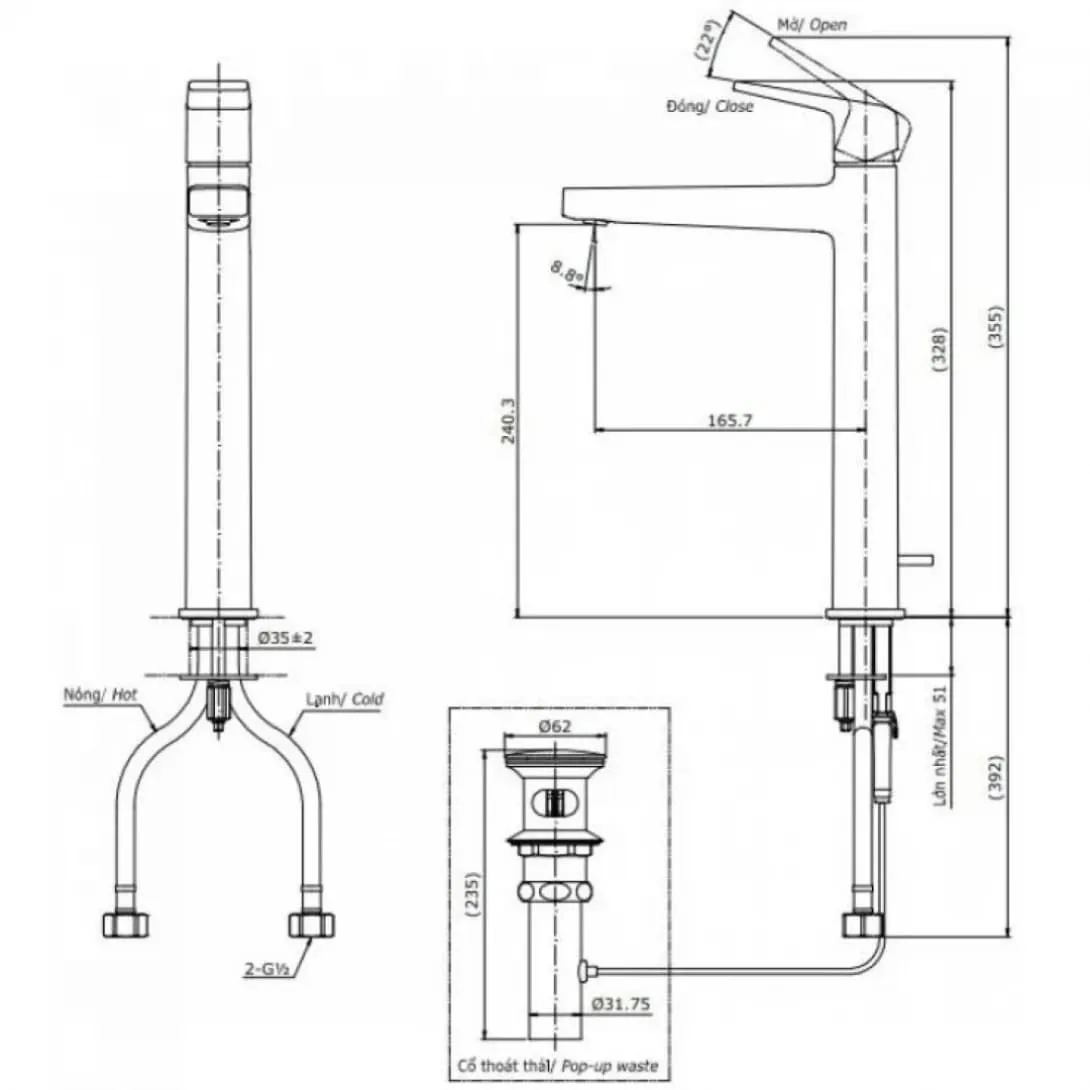 Vòi Lavabo nóng lạnh cổ cao TOTO TLG10305B#BTN