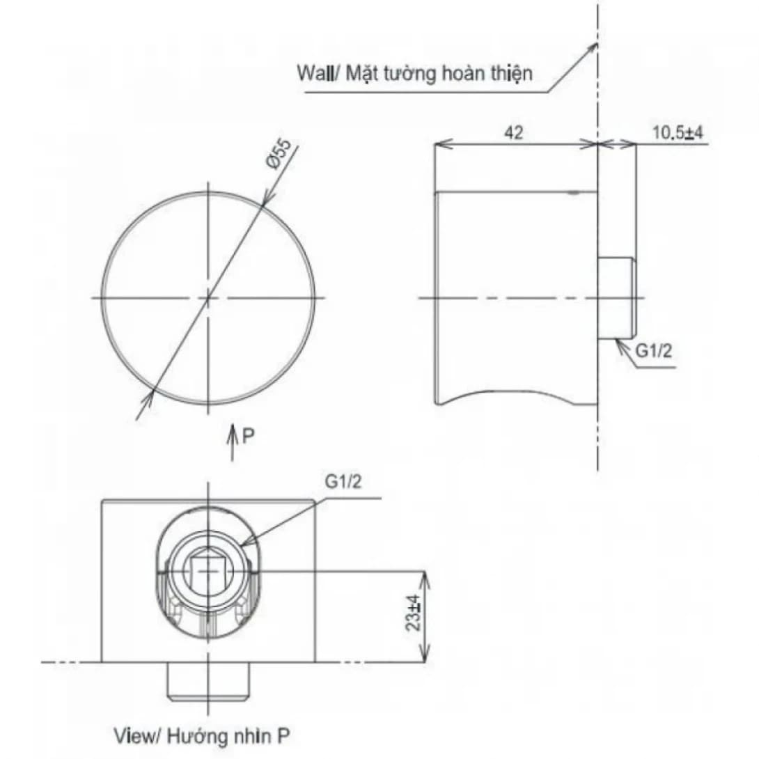 Bản vẽ kỹ thuật gác sen kèm cút nối tường TOTO TBW07021A#BRG