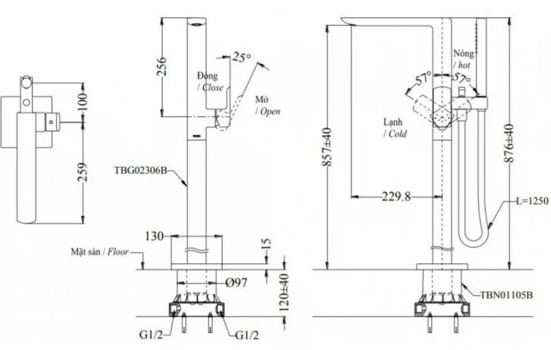 Bản vẽ kỹ thuật vòi xả bồn nóng lạnh kèm sen vòi GR đặt sàn TOTO TBG02306BA#BFG