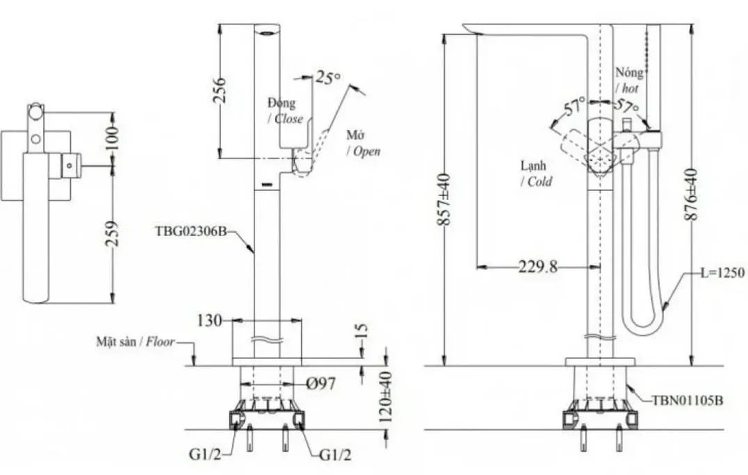 Bản vẽ kỹ thuật vòi xả bồn nóng lạnh kèm sen vòi GR đặt sàn TOTO TBG02306BA#BFG