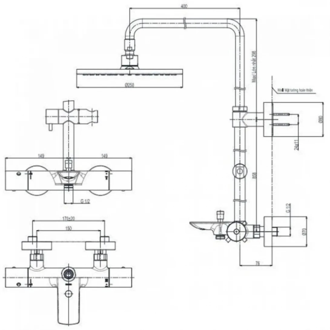 Bản vẽ kỹ thuật sen tắm cây nhiệt độ màu vàng hồng TOTO TBW07403A#BRG