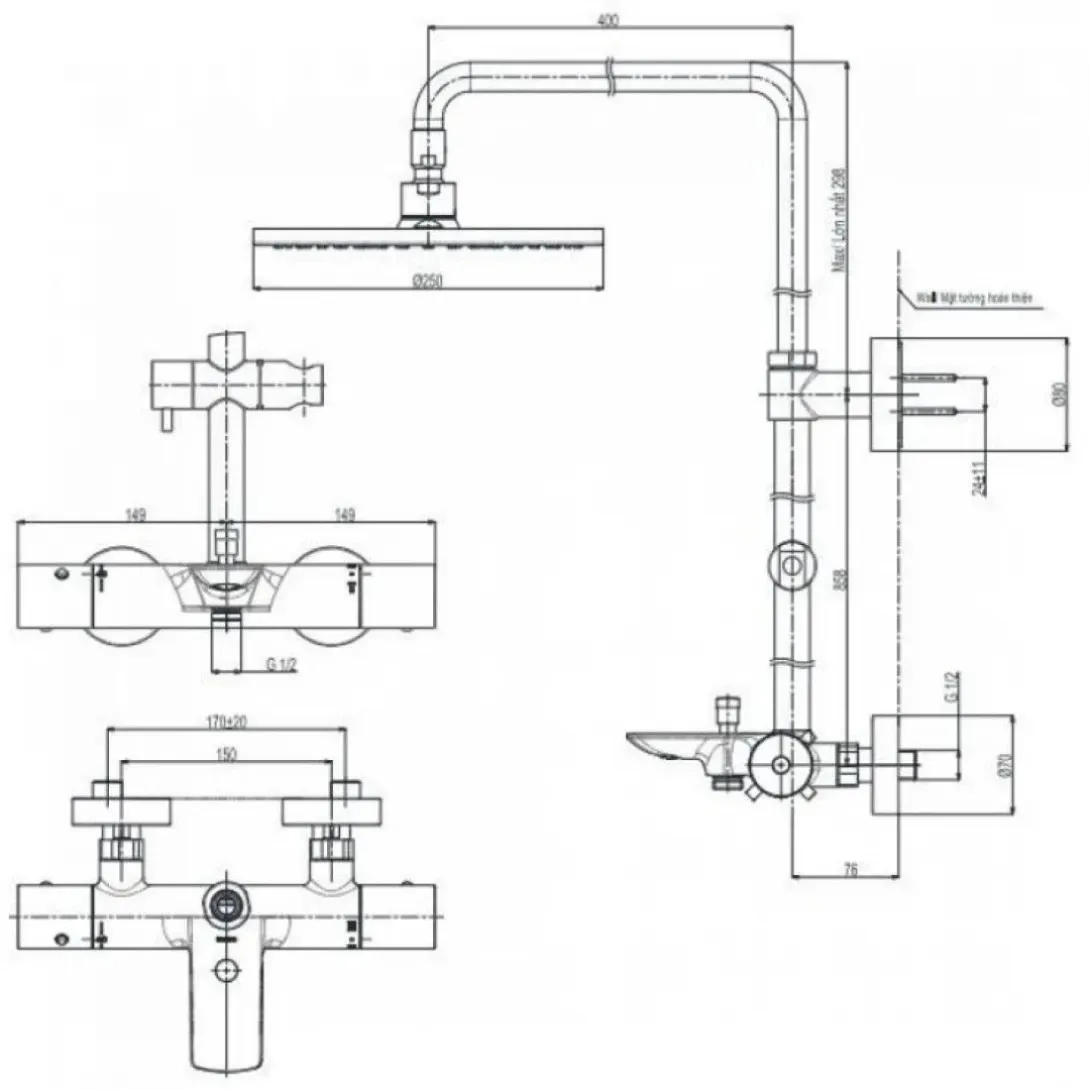Bản vẽ kỹ thuật sen tắm cây nhiệt độ màu vàng hồng TOTO TBW07403A#BRG