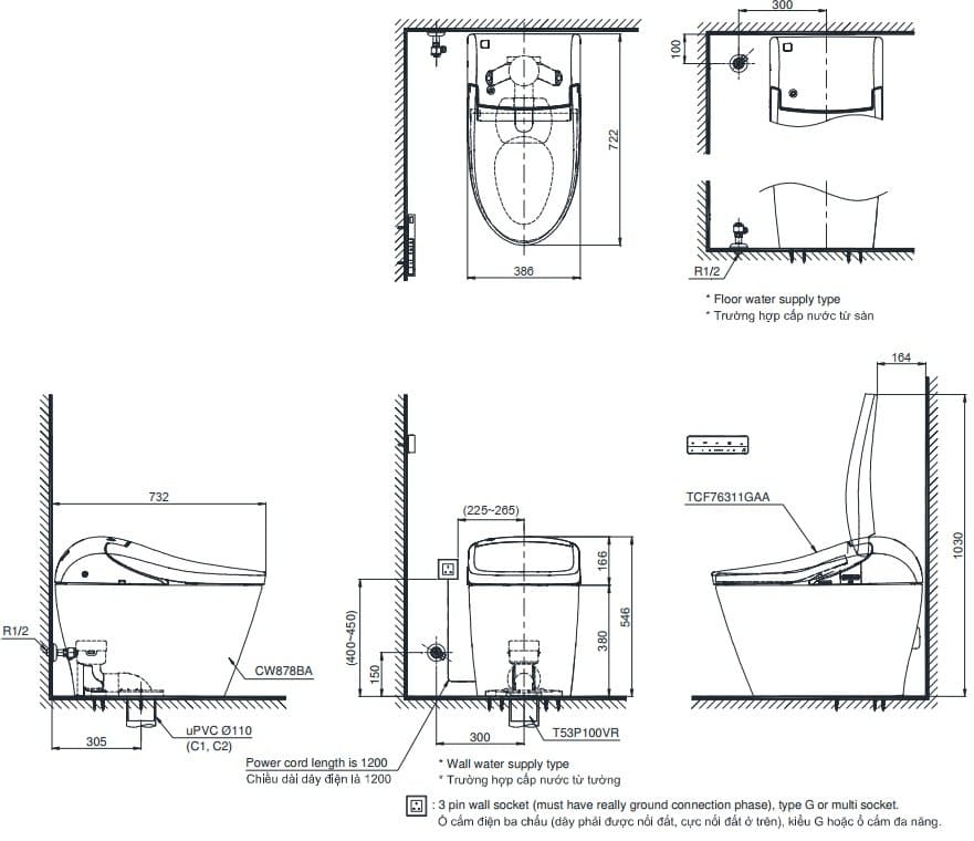 Bản vẽ kỹ thuật bồn cầu thông minh TOTO CW878BA/TCF76311GAA/T53P100VR G5A Series