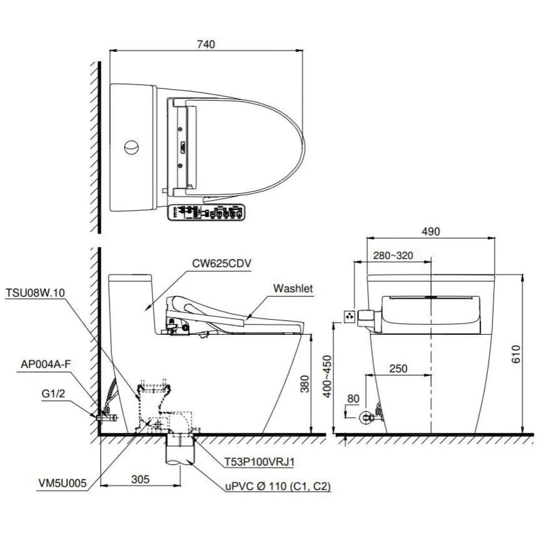 Bản vẽ kỹ thuật Bồn Cầu Điện Tử TOTO MS625CDW23 Nắp Rửa Washlet TCF47360GAA S7 Giấu Dây 