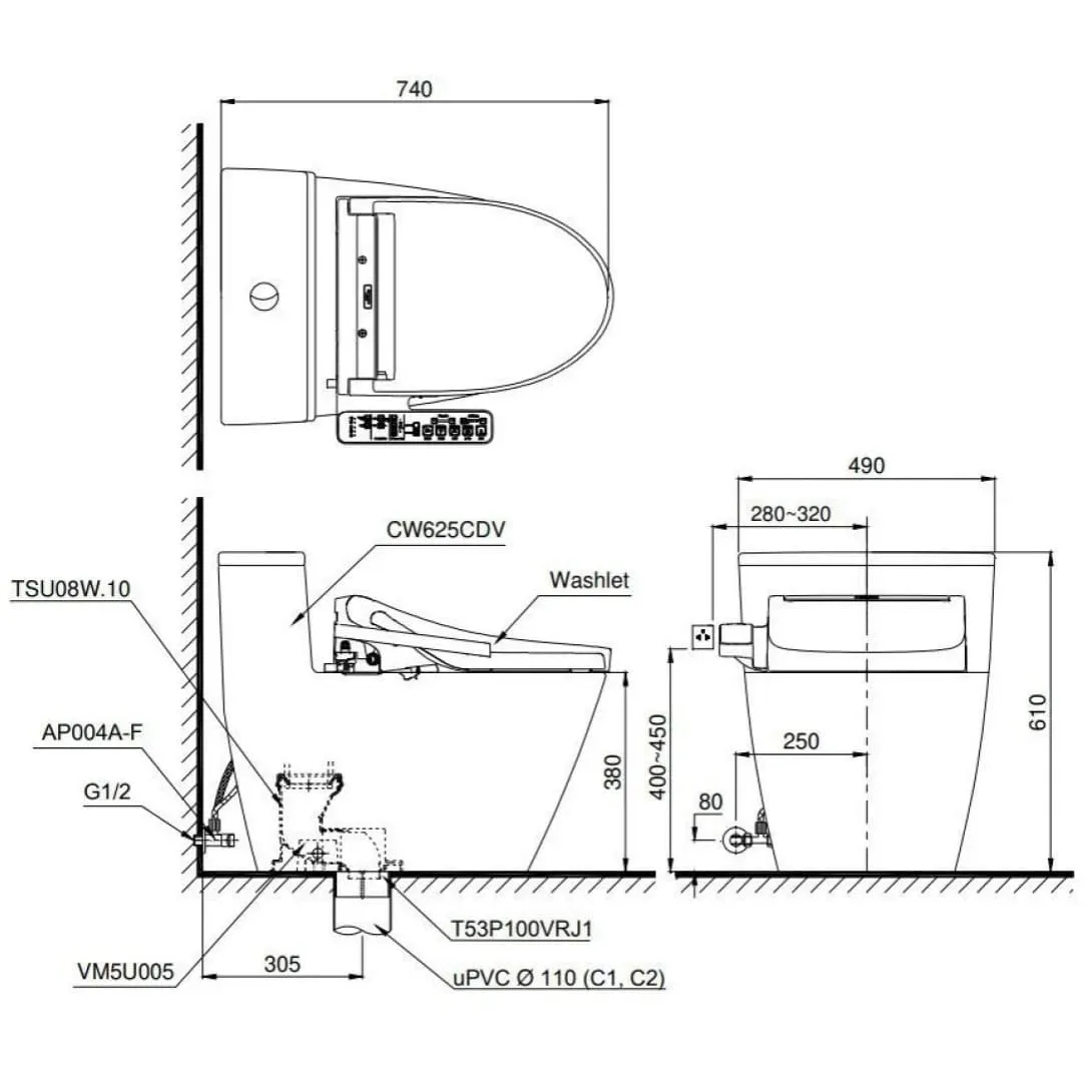 Bản vẽ kỹ thuật Bồn Cầu Điện Tử TOTO MS625CDW23 Nắp Rửa Washlet TCF47360GAA S7 Giấu Dây 