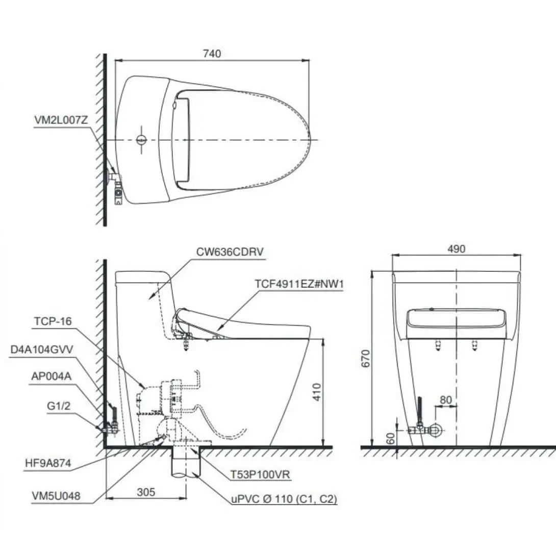 Bản vẽ kỹ thuật Bồn Cầu Điện Tử TOTO MS636CDRW23 Nắp Rửa Washlet TCF47360GAA S7 Giấu Dây