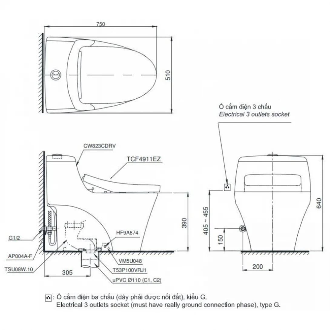 Bản vẽ kỹ thuật bồn cầu điện tử TOTO MS823CDRW23 Nắp Rửa Washlet TCF47360GAA S7 Giấu Dây 
