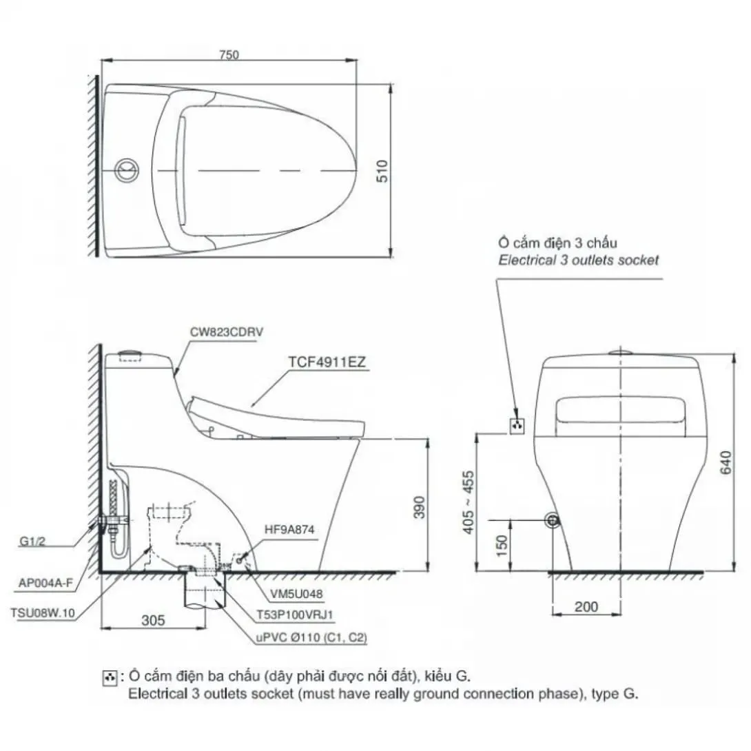 Bản vẽ kỹ thuật bồn cầu điện tử TOTO MS823CDRW23 Nắp Rửa Washlet TCF47360GAA S7 Giấu Dây 
