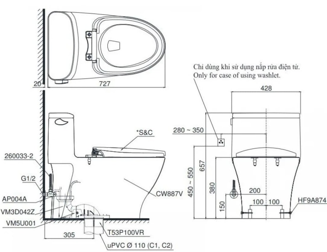 Bản vẽ kỹ thuật Bồn Cầu Điện Tử TOTO MS887CRW23 Nắp Washlet TCF47360GAA S7