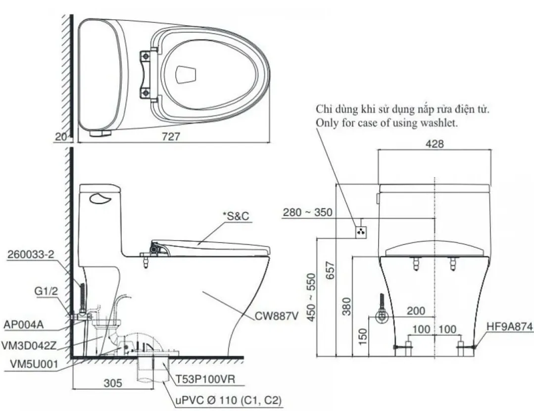 Bản vẽ kỹ thuật Bồn Cầu Điện Tử TOTO MS887CRW23 Nắp Washlet TCF47360GAA S7