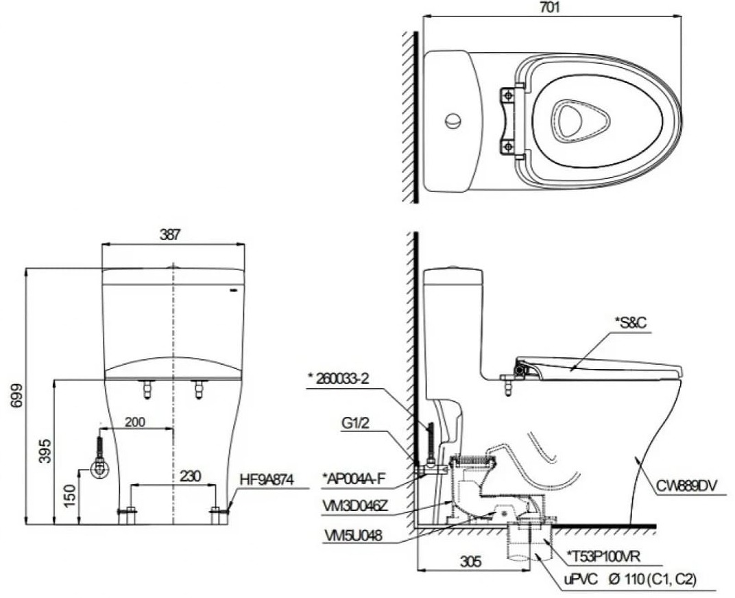 Bản vẽ kỹ thuật Bồn Cầu Điện Tử TOTO MS889CDRW23 Nắp Washlet TCF47360GAA S7