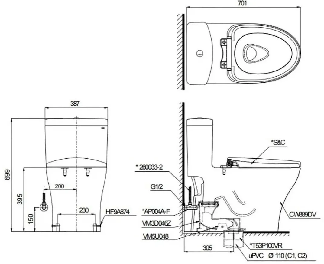 Bản vẽ kỹ thuật Bồn Cầu Điện Tử TOTO MS889CDRW23 Nắp Washlet TCF47360GAA S7