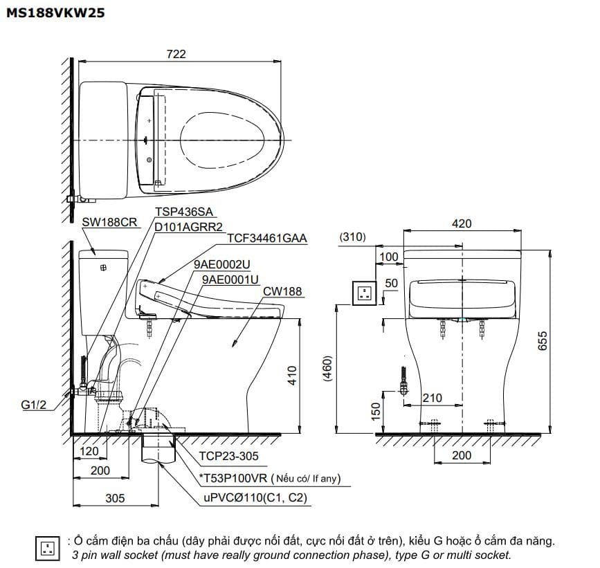 Bản vẽ kỹ thuật Bồn Cầu Điện Tử TOTO MS188VKW25 Nắp Washlet TCF34461GAA S5
