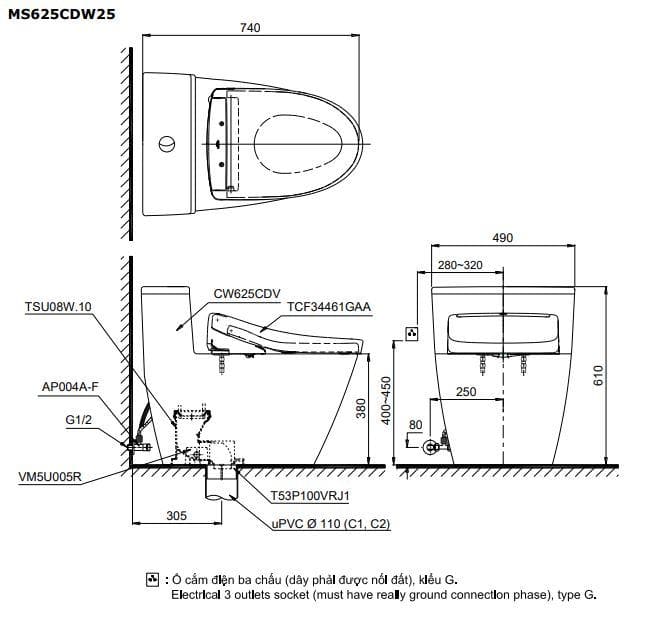 Bản vẽ kỹ thuật bồn cầu điện tử TOTO MS625CDW25#XW nắp rửa Washlet TCF34461GAA S5 Giấu Dây