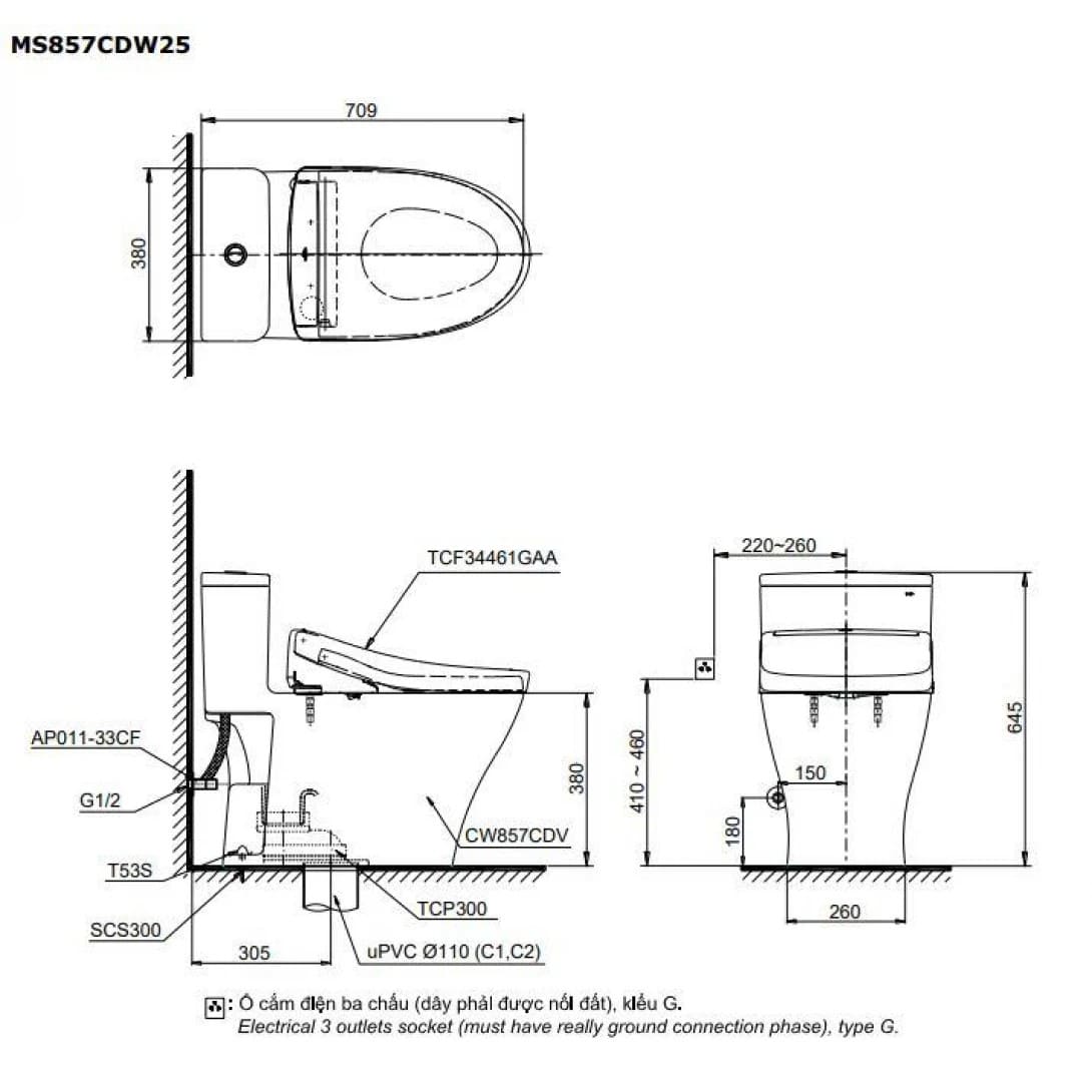 Bản vẽ kỹ thuật Bồn Cầu Điện Tử TOTO MS857DW25 Nắp Rửa Washlet TCF34461GAA S5