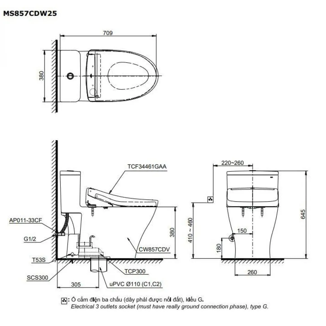 Bản vẽ kỹ thuật Bồn Cầu Điện Tử TOTO MS857DW25 Nắp Rửa Washlet TCF34461GAA S5