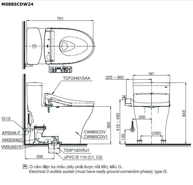Bản vẽ kỹ thuật Bồn Cầu Điện Tử TOTO MS885CDW25 Nắp Rửa Washlet TCF34461GAA S5 Giấu Dây