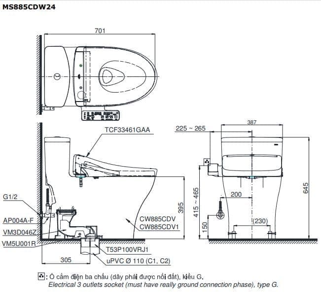 Bản vẽ kỹ thuật Bồn Cầu Điện Tử TOTO MS857CDW25 Nắp Rửa Washlet TCF34461GAA S5 Giấu Dây