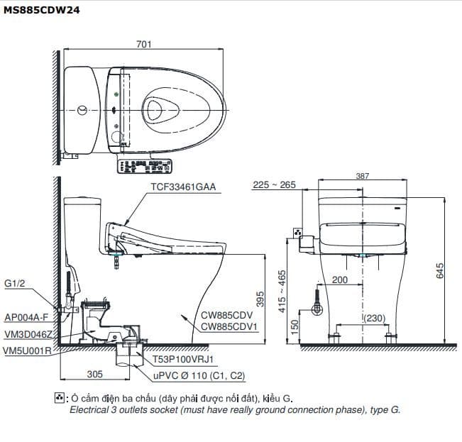 Bản vẽ kỹ thuật Bồn Cầu Điện Tử TOTO MS885DW25 Nắp Rửa Washlet TCF34461GAA S5