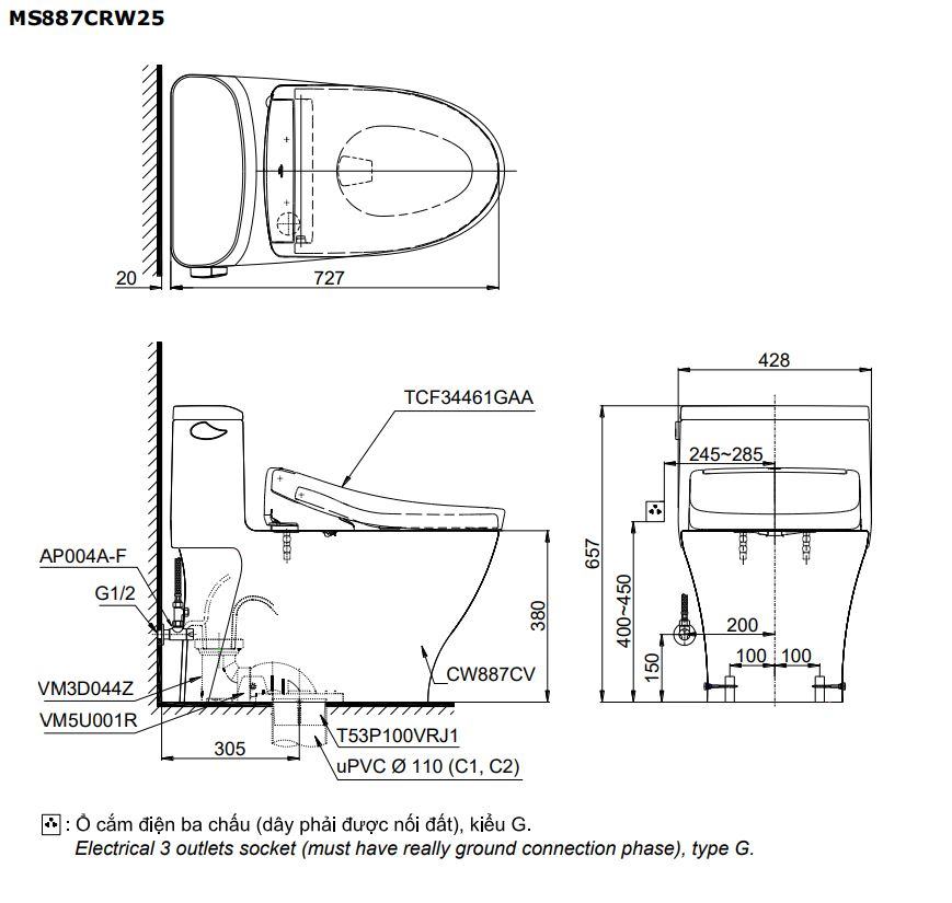 Bản vẽ kỹ thuật Bồn Cầu Điện Tử TOTO MS887RW25 Nắp Rửa Washlet TCF34461GAA S5