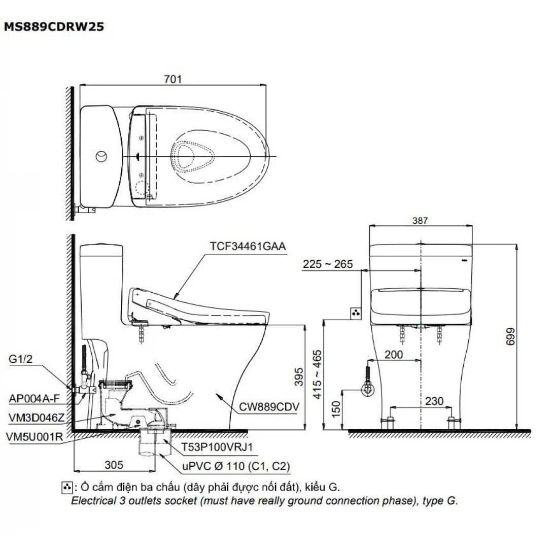 Bản vẽ kỹ thuật Bồn Cầu Điện Tử TOTO MS889CDRW25#XW Nắp TCF34461GAA Dòng S5