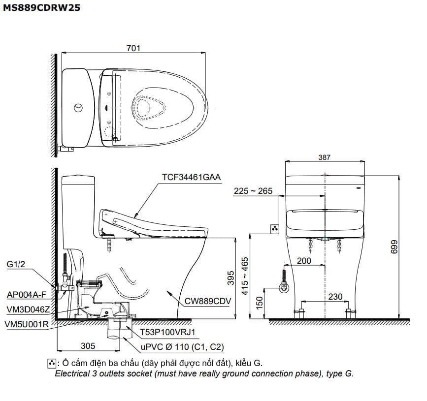 Bản vẽ kỹ thuật Bồn Cầu Điện Tử TOTO MS889DRW25#XW Nắp TCF34461GAA Dòng S5