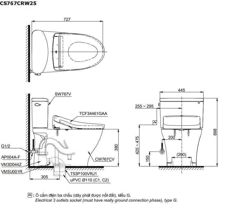 Bản vẽ kỹ thuật Bồn Cầu Điện Tử TOTO CS767CRW25#XW Nắp Rửa Washlet TCF34461GAA S5 Giấu Dây