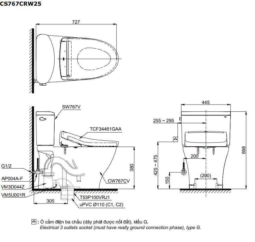 Bản vẽ kỹ thuật Bồn Cầu 2 Khối TOTO CS767RW25#XW Nắp Rửa Washlet TCF34461GAA S5