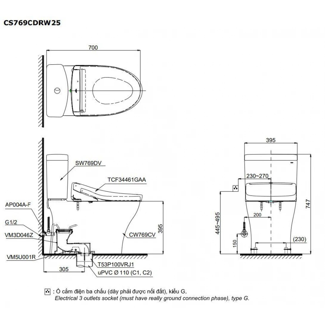 Bản vẽ kỹ thuật bồn cầu điện tử TOTO CS769CDRW25 Nắp Rửa Washlet TCF34461GAA S5 Giấu Dây