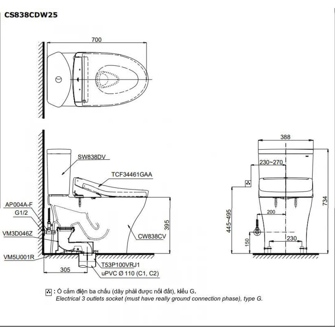Bản vẽ kỹ thuật Bồn Cầu Điện Tử TOTO CS838CDW25 Nắp Washlet TCF34461GAA Dòng S5 Giấu Dây