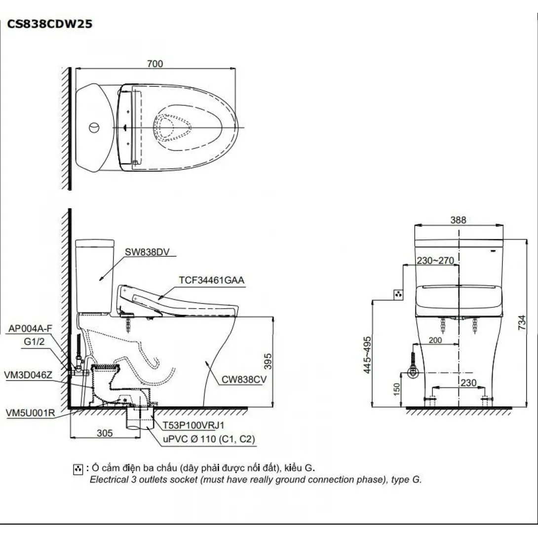 Bản vẽ kỹ thuật Bồn Cầu Điện Tử TOTO CS838CDW25 Nắp Washlet TCF34461GAA Dòng S5 Giấu Dây