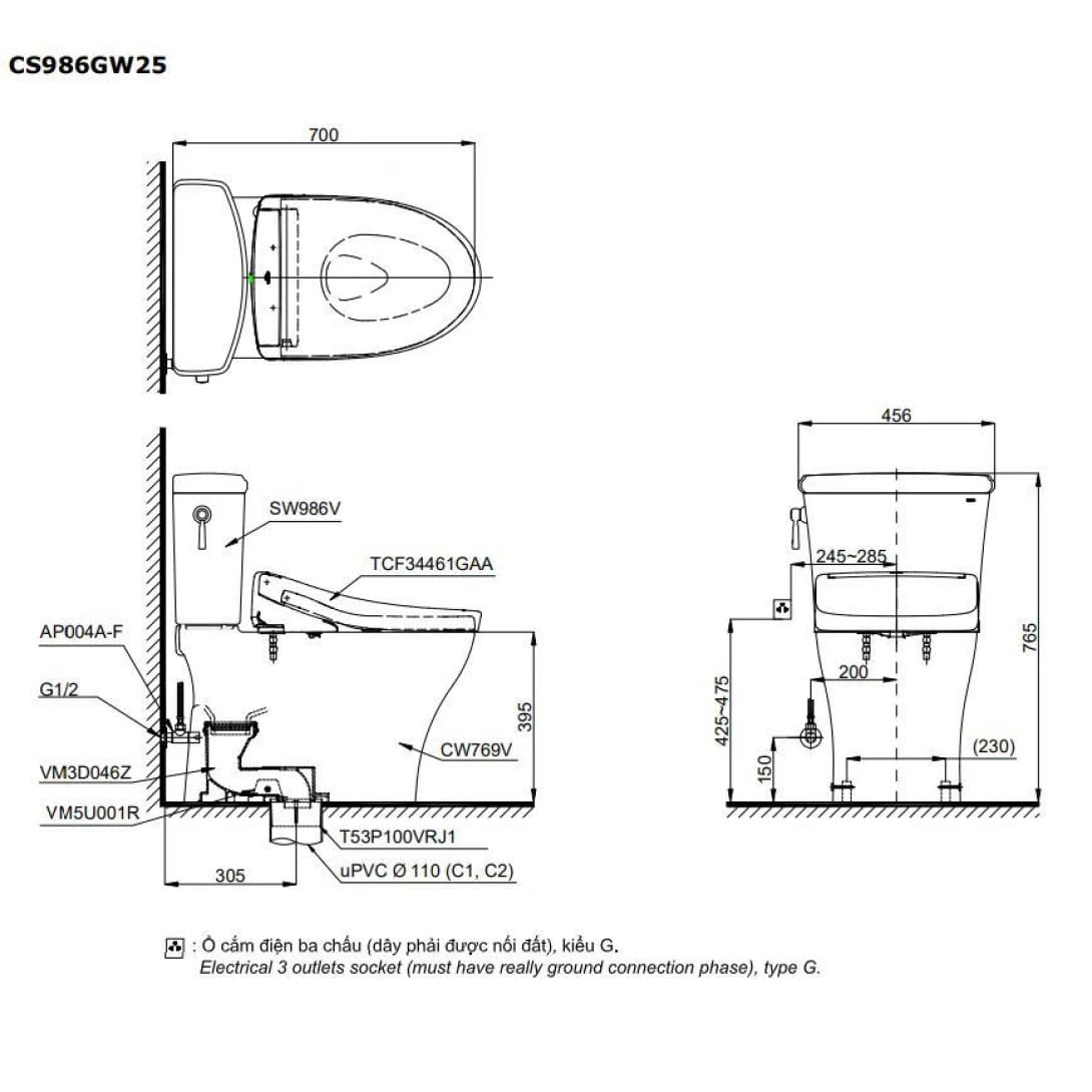 Bản vẽ kỹ thuật bồn cầu điện tử TOTO CS986CGW25 Nắp Rửa Washlet TCF34461GAA S5 Giấu Dây