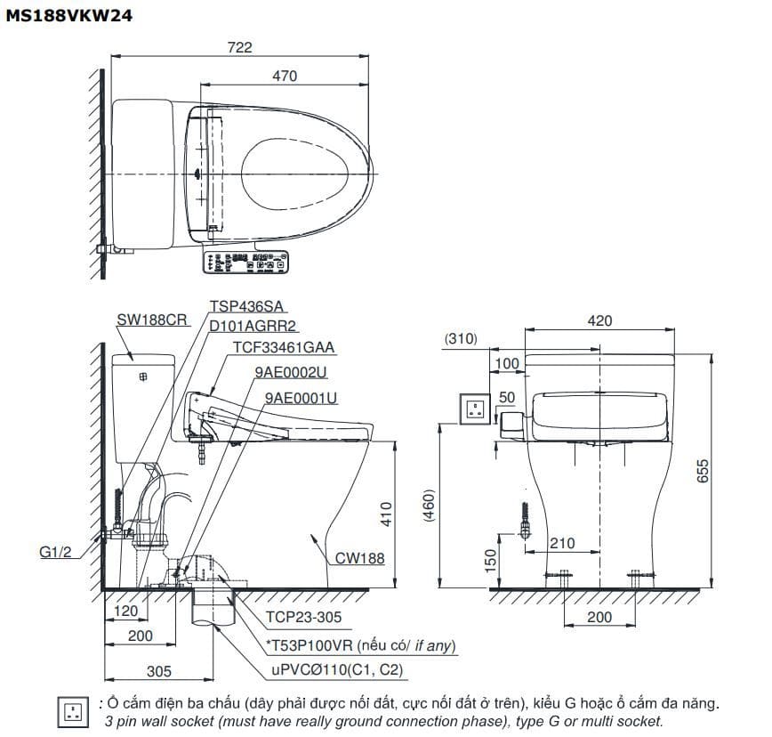 Bồn cầu 1 khối nắp rửa Washlet TCF33461GAA S2 TOTO MS188VKW24#XW 