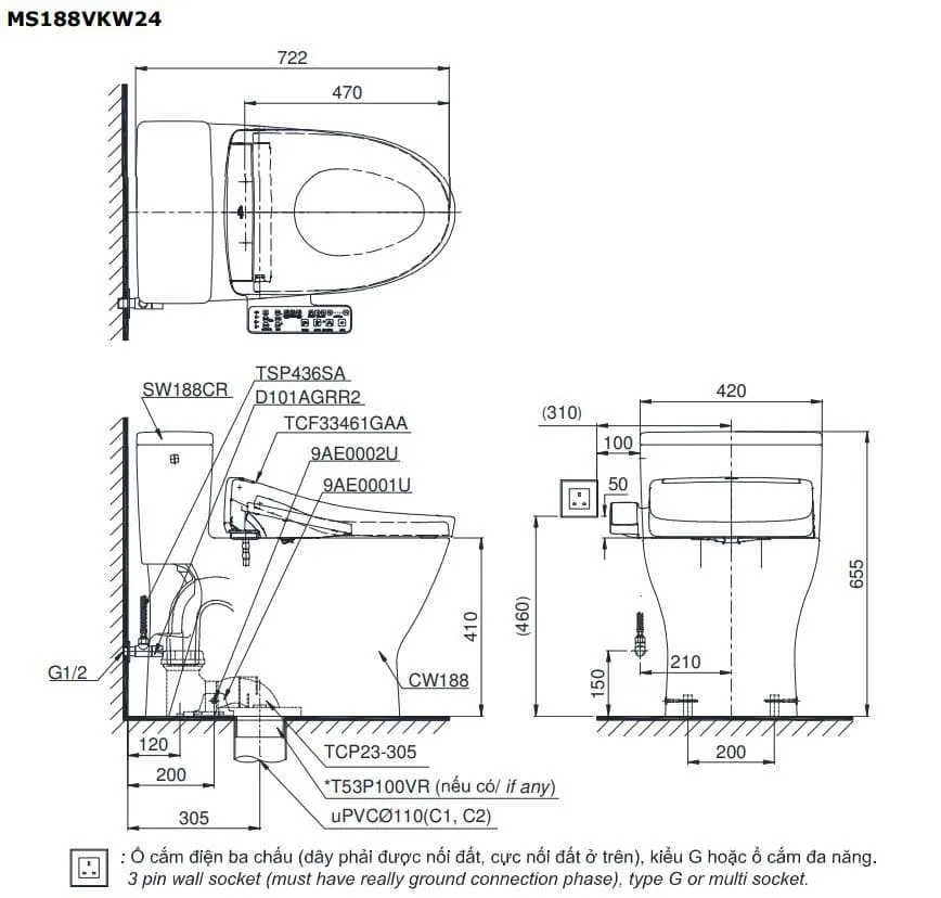 Bồn cầu 1 khối nắp rửa Washlet TCF33461GAA S2 TOTO MS188VKW24#XW 
