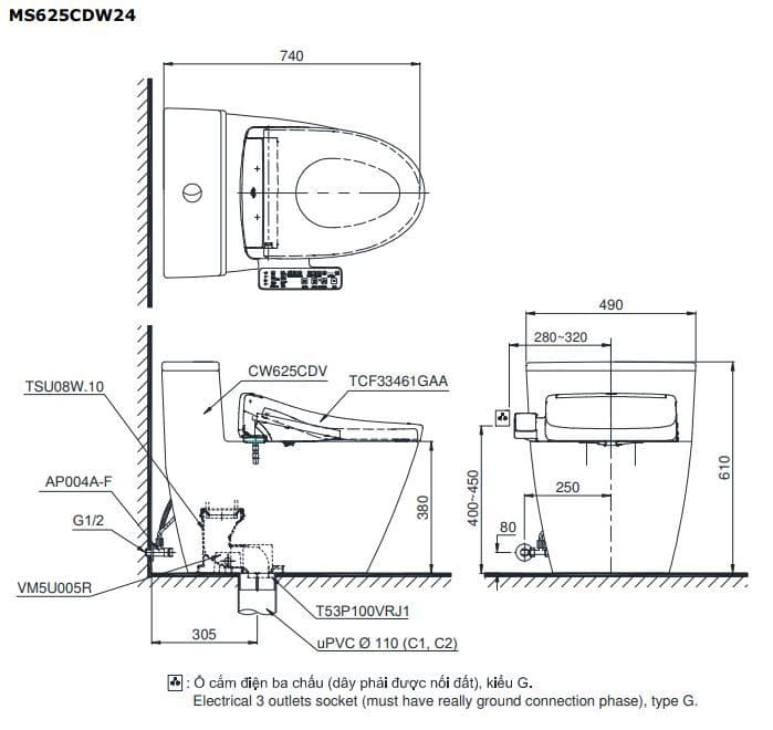 Bản vẽ kỹ thuật Bồn Cầu Điện Tử TOTO MS625CDW24#XW Washlet TCF33461GAA S2 Giấu Dây
